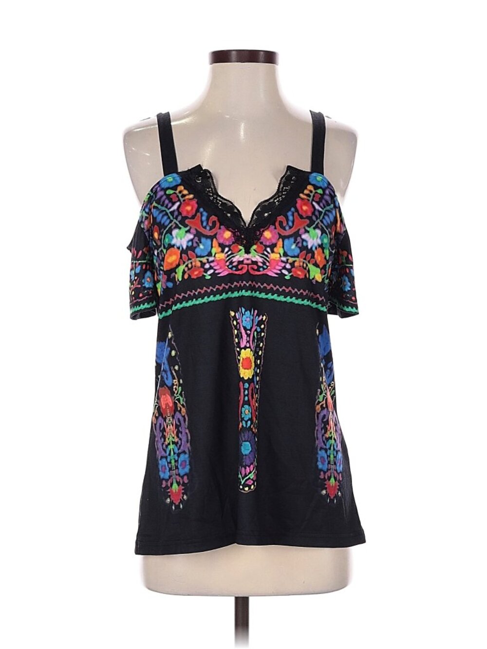 Black/multi boho short sleeve top by Made With Love, size M